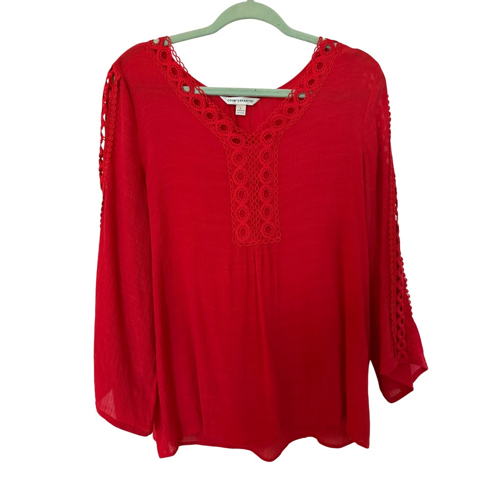 Counterparts Red Crochet Lace V-Neck Blouse Long Sleeve Top Large